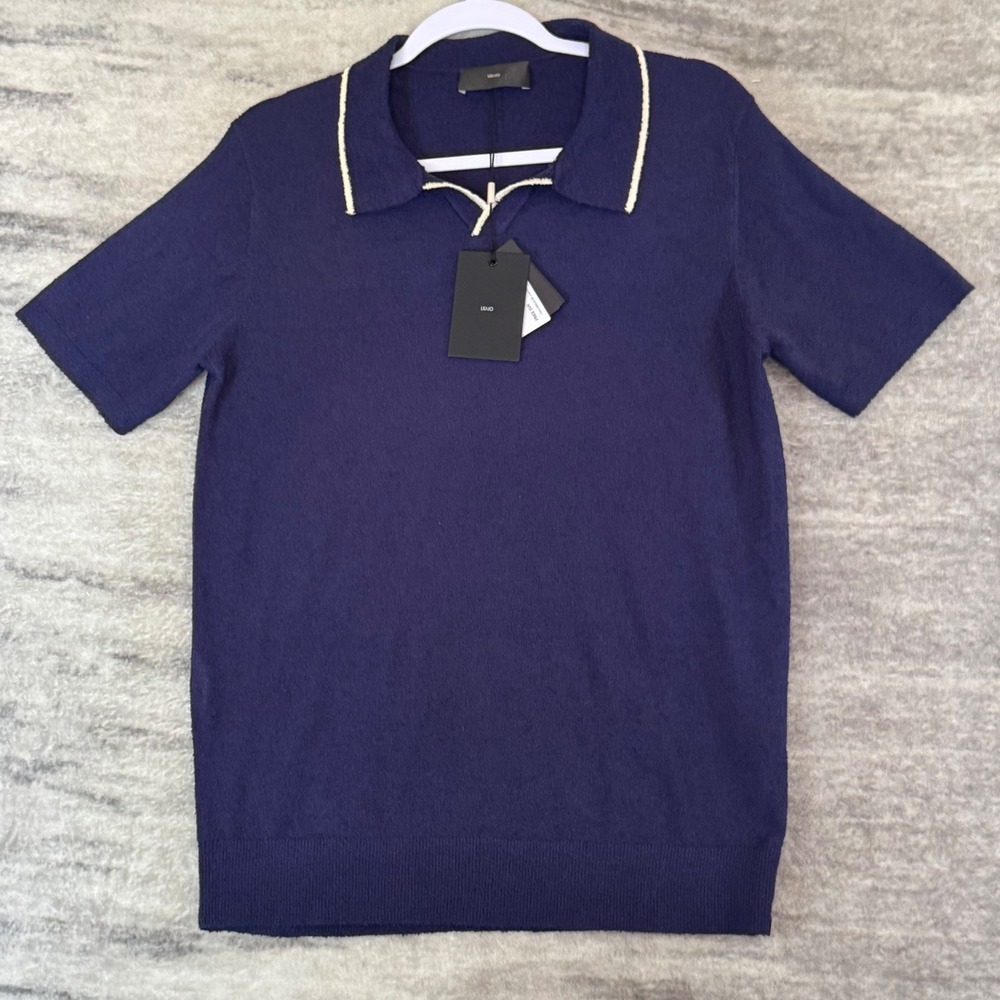 Liu Jo Uomo Navy Blue Boucle Knit Short Sleeve Polo Shirt M124P202 Size L NEW